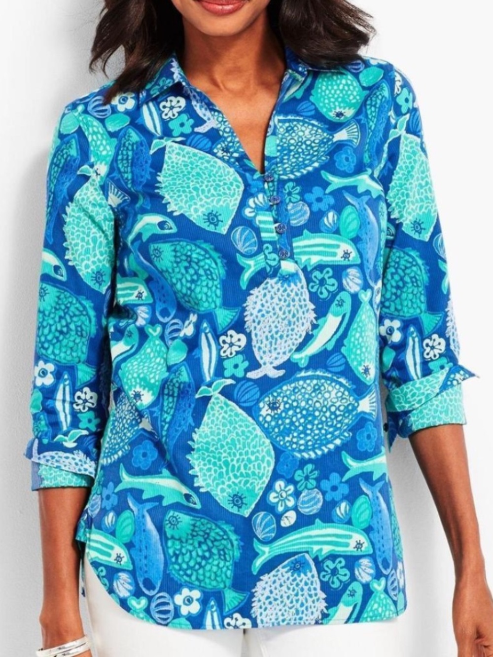 Talbots Woman The Classic Casual Popover Under-the-Sea Print Blue Fish Size 2X